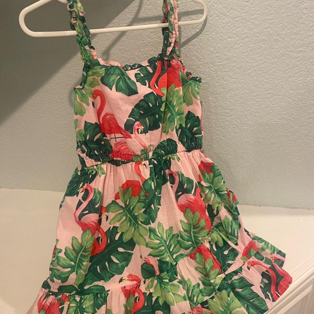 Janie and Jack Pink and Green tropical flamingo Leaf Print Dress size 4 4T